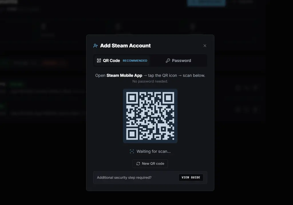 Add Account modal in the SteamBoost dashboard showing QR login and password login tabs