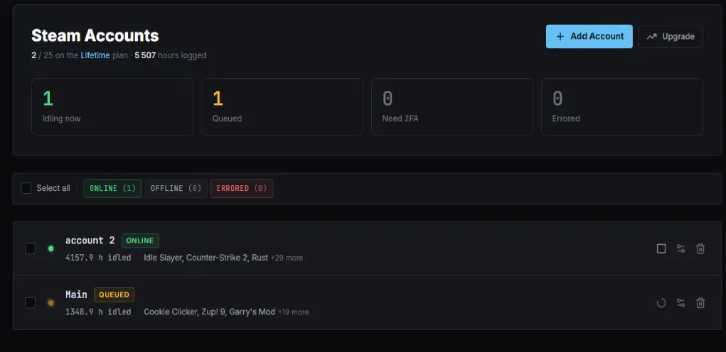 SteamBoost dashboard showing two Steam accounts in ONLINE state, idling games