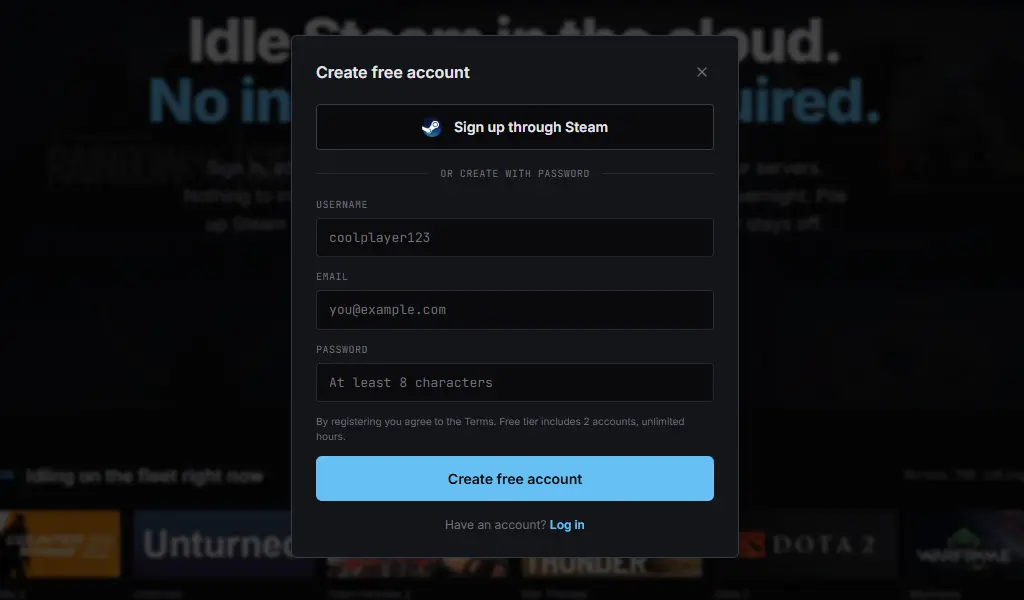 SteamBoost registration modal - sign up with username, email, and password